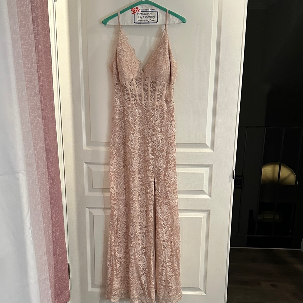 Morgan & Co. Lace Maxi Dress in Blush Pink
